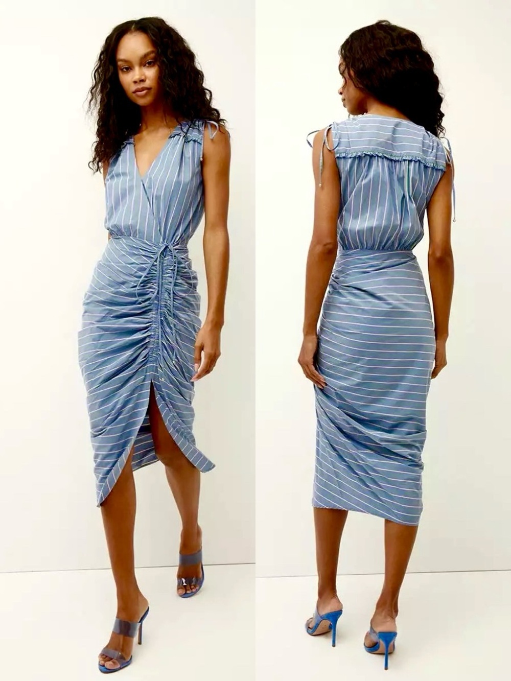 Veronica Beard Teagan Stripe Ruched Dress Midi Blue Kelly Green 0 NWT